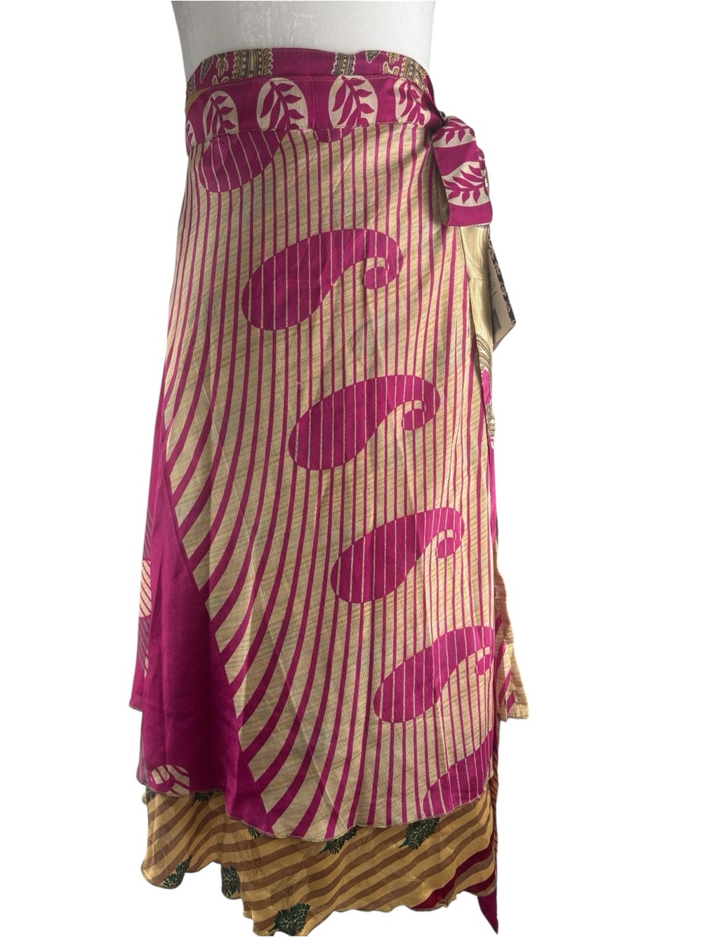 Darn Good Yarn Boho Sari Wrap Skirt in Fuchsia/Gold/Green Reversible Size 8-20